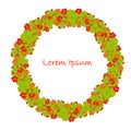 Nasturtium plant round frame, Lorem Ipsum orange flowers, green leaves design element